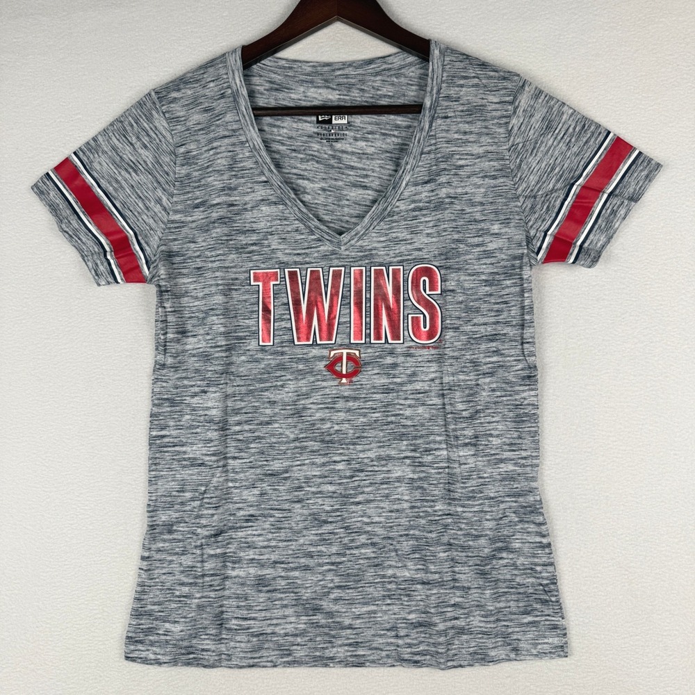 New Era Minnesota Twins T-Shirt Womens Large Gray V-Neck Space Dye Short Sleeve